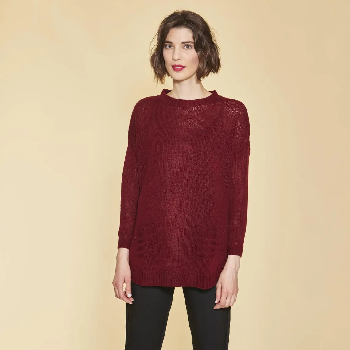 Pull poches plaquées bas arrondi fendu et dos croisé femme - Rouge Grenat | 3 Suisses